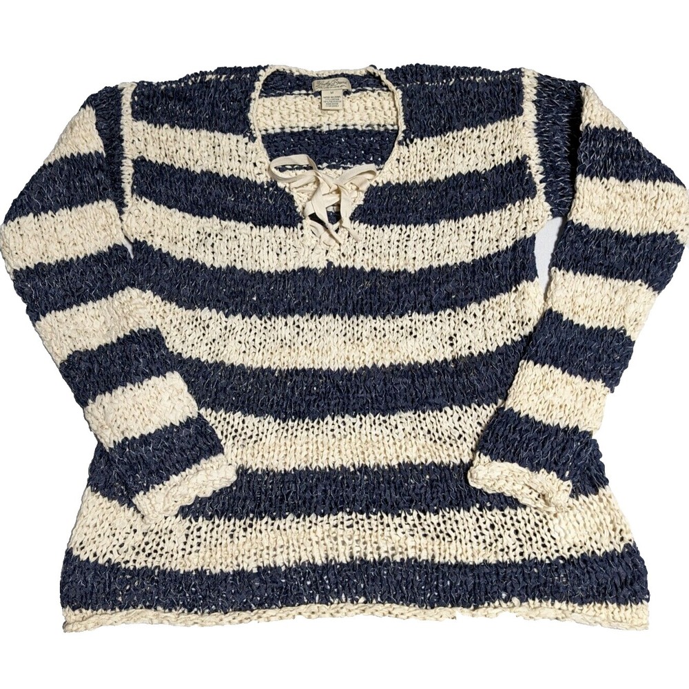 LUCKY BRAND Women Medium Blue Ivory Loose Knit Lace-Up V-Neck Sweater EUC